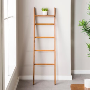We combine the blanket ladder wood and blanket storage bathroom ladder wood  as a spacesave furniture. Here is designer towel rack ladder with plant stand farmhouse living room for your home!