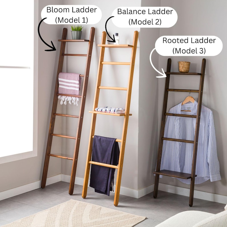 We combine the blanket ladder wood and blanket storage bathroom ladder wood  as a spacesave furniture. Here is designer towel rack ladder with plant stand farmhouse living room for your home!