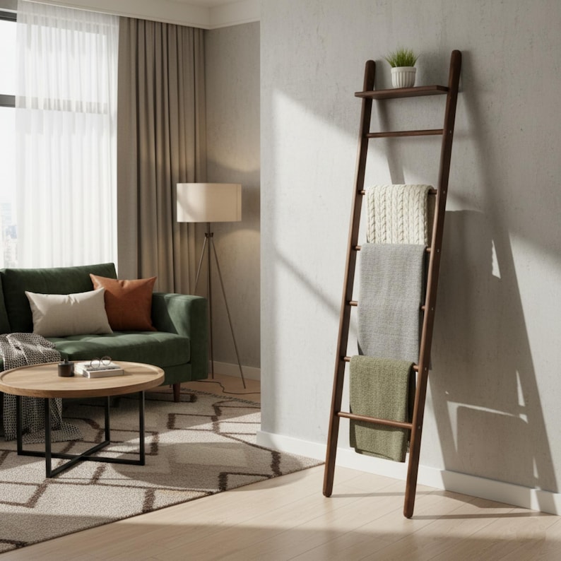 Farmhouse Wood Blanket Ladder: Towel Rack, Plant Stand image 13