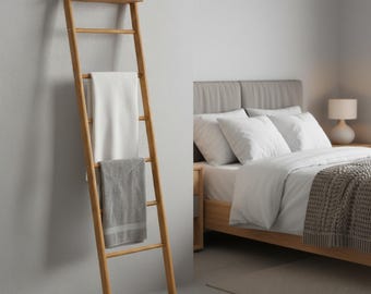 Escada de madeira rústica para mantas: também pode ser usada como suporte para toalhas ou suporte para plantas.