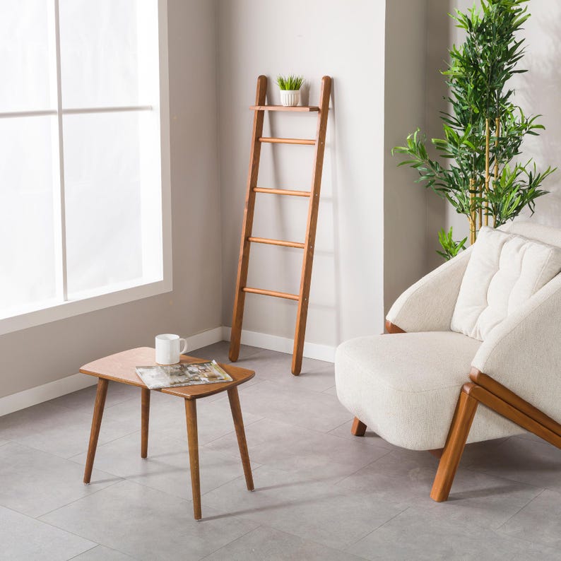 We combine the blanket ladder wood and blanket storage bathroom ladder wood  as a spacesave furniture. Here is designer towel rack ladder with plant stand farmhouse living room for your home!