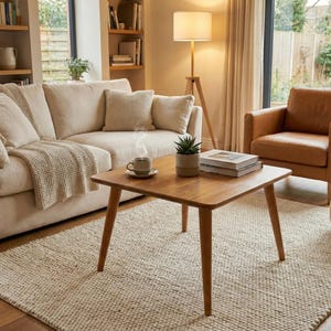 Könnte beinhalten: Ein gemütliches Wohnzimmer mit hellem Sofa, Holztisch und cremefarbenem Teppich. Auf dem Tisch stehen eine Kaffeetasse, eine Pflanze und Bücher. Eine Stehlampe und ein Ledersessel ergänzen das Ambiente. Der Tisch ist etwa 75 cm breit.