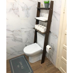 Dark Walnut Over-the-Toilet Ladder Shelf: Small Bathroom Storage