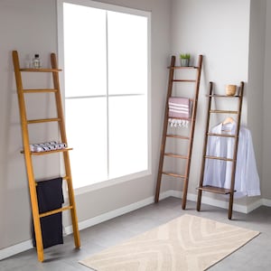 We combine the blanket ladder wood and blanket storage bathroom ladder wood  as a spacesave furniture. Here is designer towel rack ladder with plant stand farmhouse living room for your home!