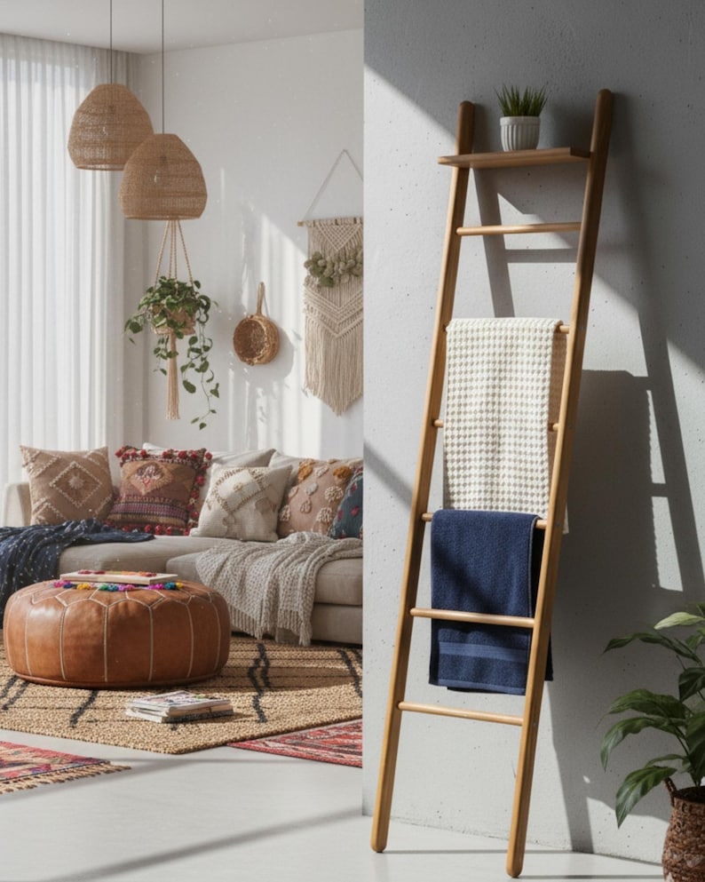 Farmhouse Wood Blanket Ladder: Towel Rack, Plant Stand image 2