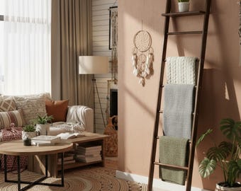Solid Pinewood Blanket Ladder, Boho Quilt & Towel Organizer Rack with Shelves
