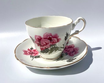 Vintage 1950s Regency England Midcentury teacup and saucer pink flowers with gold trim bone china