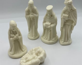 Vintage Nativity Set Figures White Stone Minimal Christmas Decor