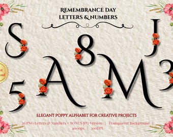 Poppy Alphabet PNG, Remembrance Day Letters and Numbers, Memorial Clipart Alphabet, Red Poppy Letters, Digital Download