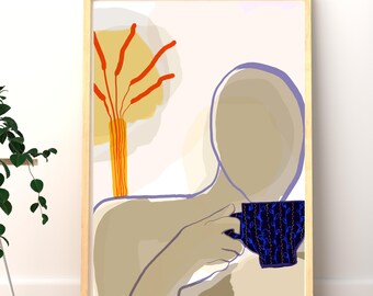 Morning Coffee Ritual | Abstract Figure Art | Minimal Modern Wall Art Print