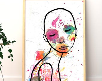 Watercolor Line Portrait | Abstract Female Face Art | Colorful Modern Wall Art Print