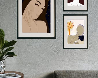 Set of 3 Modern Neutral Wall Art Prints | Moody Gallery Wall Decor | Abstract Portrait Print Set | Printable Art