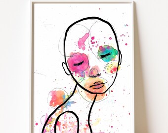 Watercolor Line Portrait | Abstract Female Face Art | Colorful Modern Wall Art | Digital Download