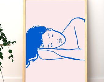 Minimal Line Drawing Woman Printable | Blue Figurative Wall Art | Feminine Abstract Line Art | Neutral Bedroom Decor | Digital Download