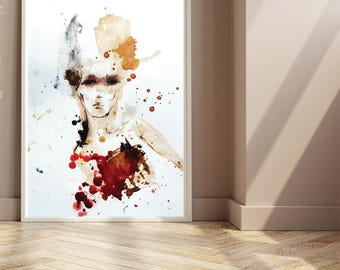 Abstract Portrait Print | Neutral Wall Art with Red Accents | Modern Expressionist Art | Digital Download or Print