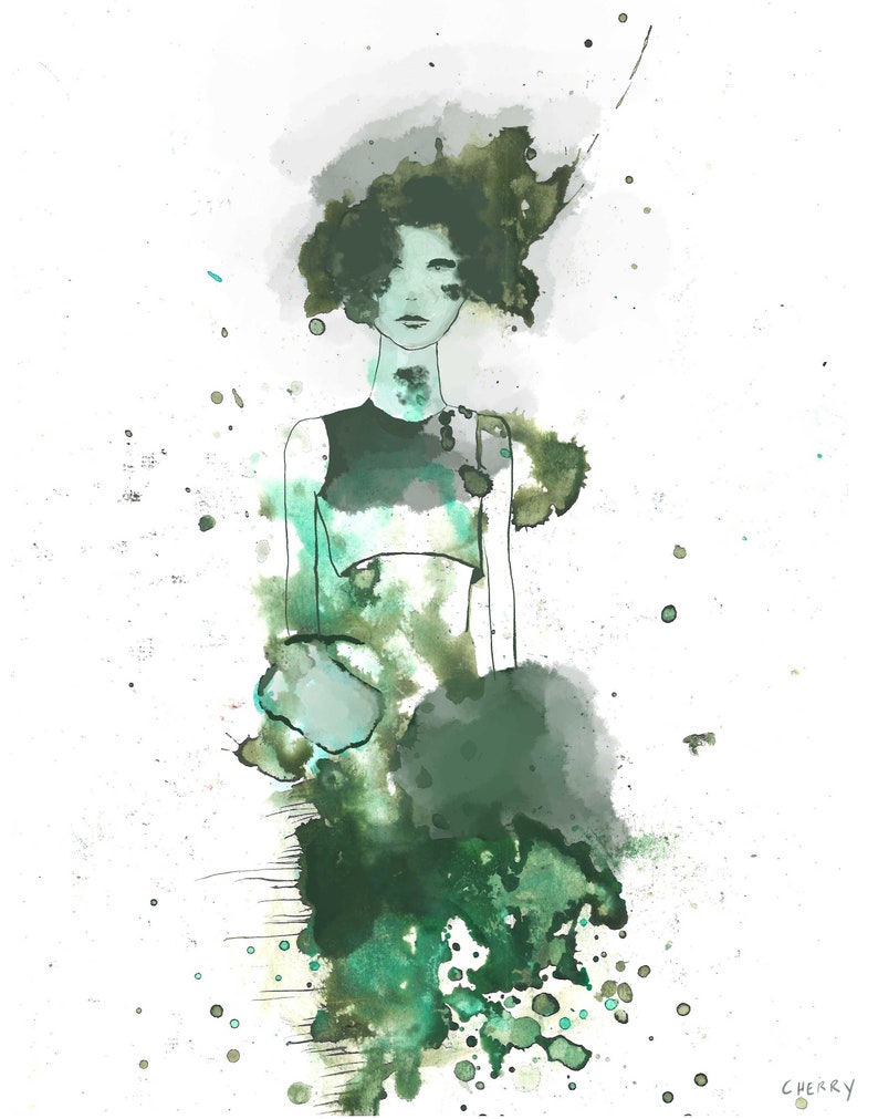 May include: A watercolour illustration of a woman with dark hair and a green and blue dress. The background is white with green and blue watercolour splatters.