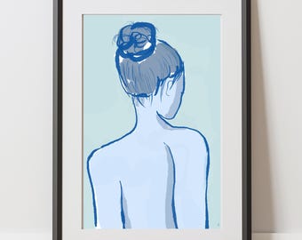 Blue Figure Study | Minimal Female Back Art | Modern Line Drawing Print