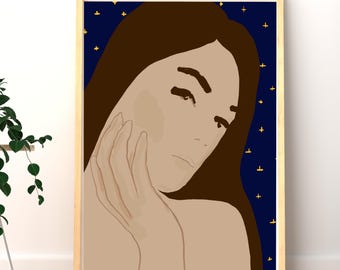 Starry Night Portrait | Minimal Feminine Figure Illustration | Modern Wall Art