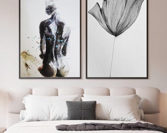 Neutral Bedroom Wall Art Set of 2 | Quiet Luxury Printable Gallery Wall | Abstract Figure & Botanical Prints