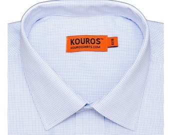 Men's Light Blue Check Slim Fit Dress Shirt, 100% Cotton, Semi-Spread Collar & Collar Cover | Wedding, Office, Groomsmen Gift