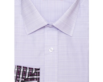 Men's Lilac Plaid Slim Fit Dress Shirt, 100% Cotton, Semi-Spread Collar & Collar Cover | Wedding, Office, Groomsmen Gift