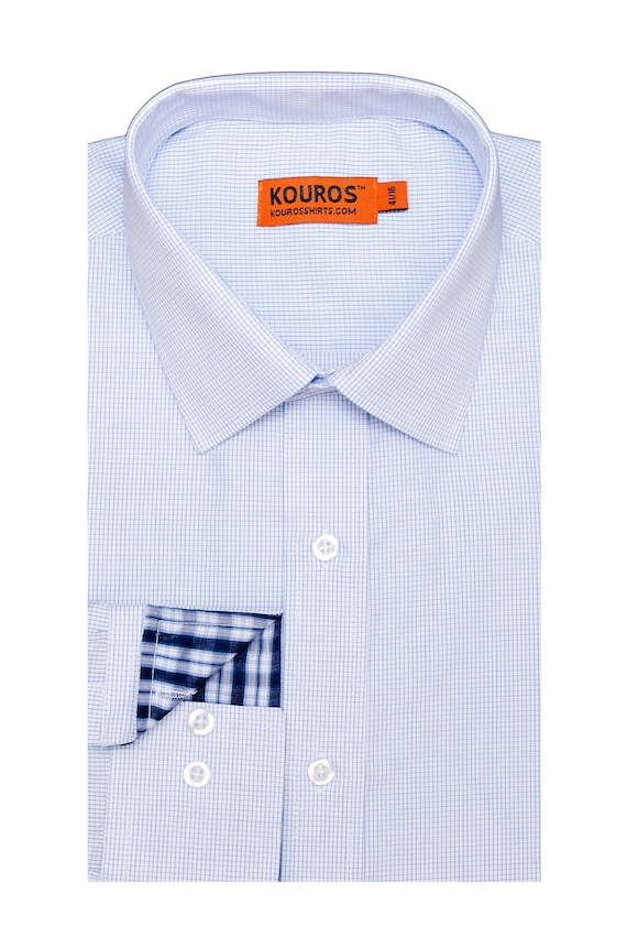 Men's Light Blue Check Slim Fit Dress Shirt, 100% Cotton, Semi-Spread Collar & Collar Cover | Wedding, Office, Groomsmen Gift
