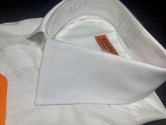 Men's White, Plaid Collar Slim Fit Dress Shirt, 100% Cotton, Semi-Spread Collar & Collar Cover | Wedding, Office, Groomsmen Gift