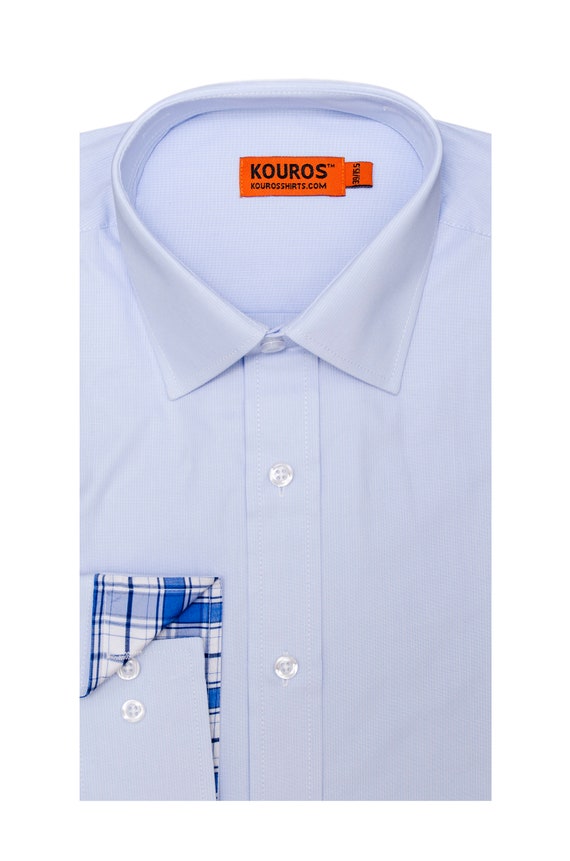 Men's Light Blue Slim Fit Dress Shirt, 100% Cotton, Semi-Spread Collar & Collar Cover | Wedding, Office, Groomsmen Gift