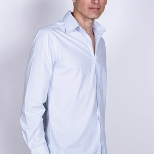 Men's Premium Designer Slim Fit Dress Shirt, Light Blue Striped, with matching FREE collar cover