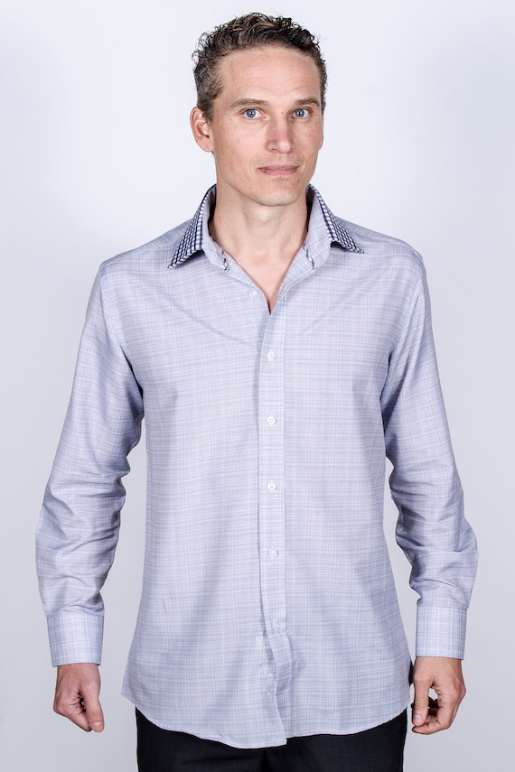 Men's Dark Gray Plaid Slim Fit Dress Shirt, 100% Cotton, Semi-Spread Collar & Collar Cover | Wedding, Office, Groomsmen Gift