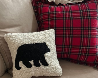 Black Bear Pillow with Red Buffalo Plaid