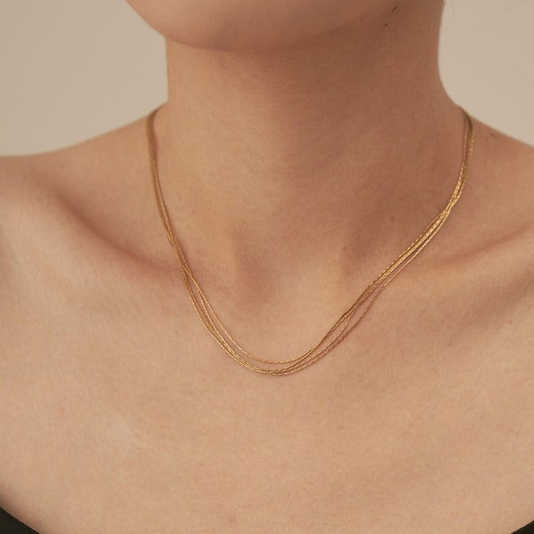 18k Gold Plated Multi Layering Necklace; Multi-Strand Chain Necklace; Herringbone Chain Necklace, Minimalist Jewelry; Tarnish Free