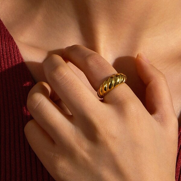 18K Gold Filled Twisted ring, Gold Croissant Dome ring, Dainty Chunky ring, Gold Stackable ring, Thick ring, Hypoallergenic, Water-resistant