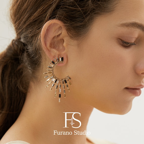 14K Gold Celestial Statement Earrings Gold Geometric Earrings