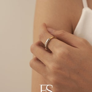 18K Gold Silver Glossy Band Ring; Gold Thin Band Ring; Double Color Chain Ring; Tarnish Free; Minimalist; Water Resistant