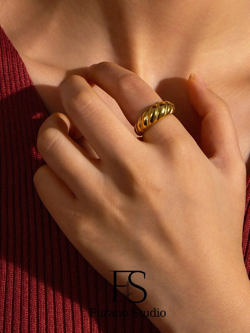 18K Gold Filled Twisted ring, Gold Croissant Dome ring, Dainty Chunky ring, Gold Stackable ring, Thick ring, Hypoallergenic, Water-resistant image 1