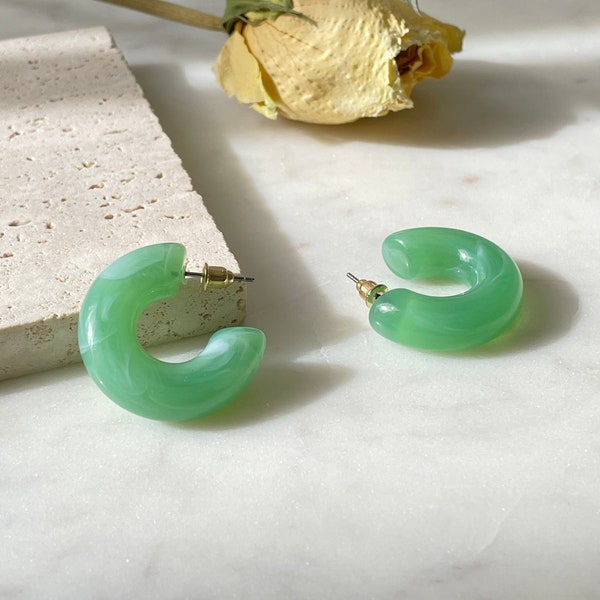 Chunky Jade color hoop earring, Green acrylic open hoop earring, Light weight unisex earring, Gift for her, Gift for mom, Half moon earring