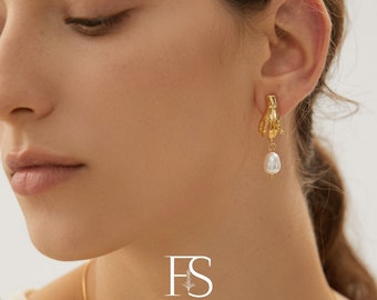 18k Gold Plated Baroque Pearl Earring; Hand Drop Earring; Gold Dangle Earring; 925 Silver Post; Gift for her