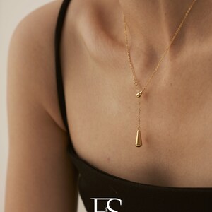 18k gold water drop necklace; diamond shape necklace; gold pendant necklace; pear shape charm necklace; gift for her; water resistant