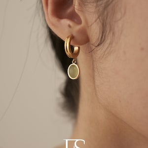 Jade Green Oval Drop Earring, Dainty Gold Aventurine Hoop Earring, Minimalist Abstract Dangle Drop Earring; Gift for her