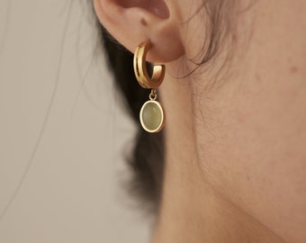 Jade Green Oval Drop Earring, Dainty Gold Aventurine Hoop Earring, Minimalist Abstract Dangle Drop Earring; Gift for her