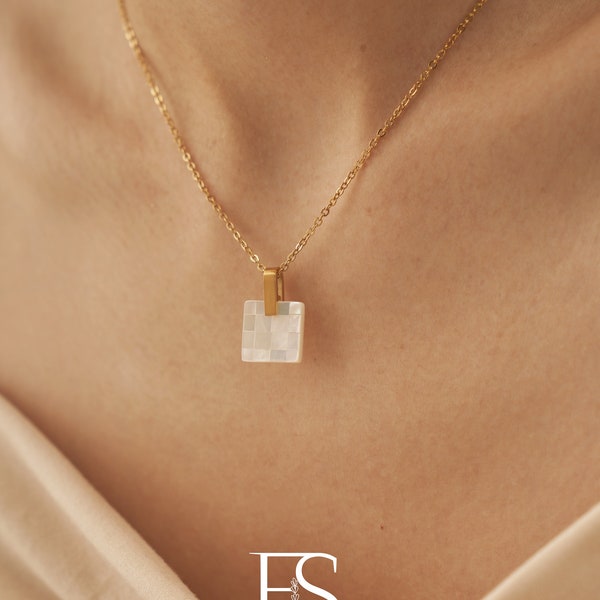 18k Gold Mother of Pearl Necklace; White Pendant Necklace; Gold Square Necklace; Geometric Minimalist Necklace; Gift for her