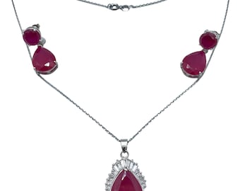Vintage 18k Gold-Plated Simulated Ruby Pendant Chain & Dangle Earrings Set