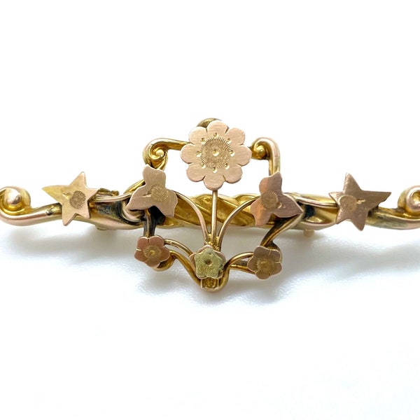 Antique Edwardian 9ct Rose Gold Flower & Leaf Pin Brooch