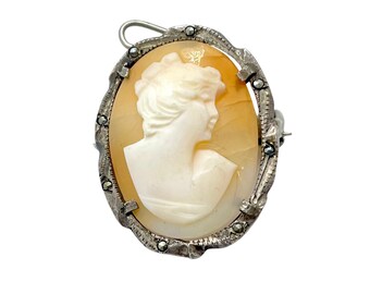 Antique Art Deco 800 Silver Marcasite Carved Shell Cameo Pendant Pin Brooch