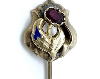Antique Art Nouveau Rolled Gold Enamel Almandine Garnet Paste Flower Stick Pin