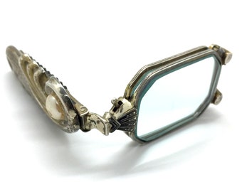 Antique Art Nouveau 835 Silver-Plated Faux Pearl Ornate Folding Lorgnette Glasses