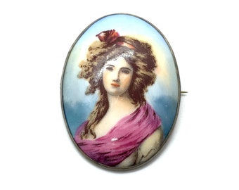 Antique Edwardian French Sterling Silver Limoges Portrait Porcelain Brooch