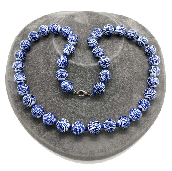 Antique Art Deco Era Chinese Blue Painted Porcelain Hand-Knotted Bead Necklace