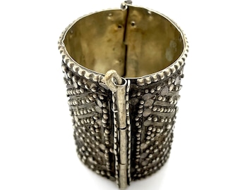Antique Middle Eastern Silver-Plated Filigree Hinged Wide Cuff Bracelet